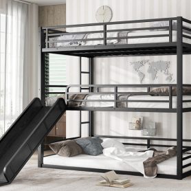 Metal Full Over Full Over Full Bunk Bed With Slide, and Safety Guardrails