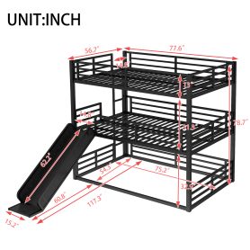 Metal Full Over Full Over Full Bunk Bed With Slide, and Safety Guardrails