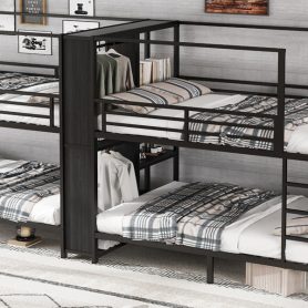 Full Size Quadruple Metal Bunk Bed With Built-in Storage Shelves & Wardrobe