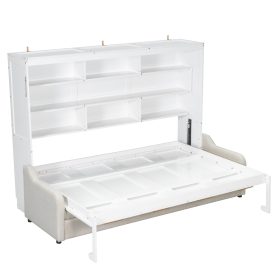 Queen Size Murphy Cabinet Bed with Folding Sofa,Built-in Storage Shelves and LED Light