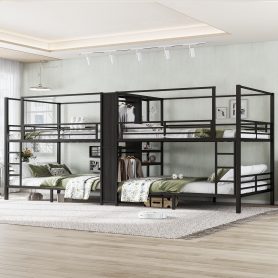Queen Size Quadruple Metal Bunk Bed With Built-in Storage Shelves & Wardrobe