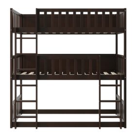Twin Size Triple Rubber Wood Bunk Bed, with Ladders and Guardrails