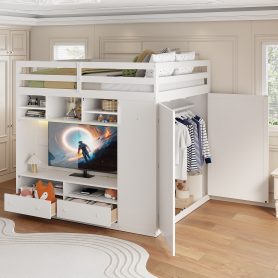 Full Size Loft Bed With Drawers, Shelves And Light