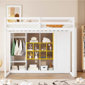 Twin Size Wood Loft Bed With Wardrobe, Shelves And  Cabinet