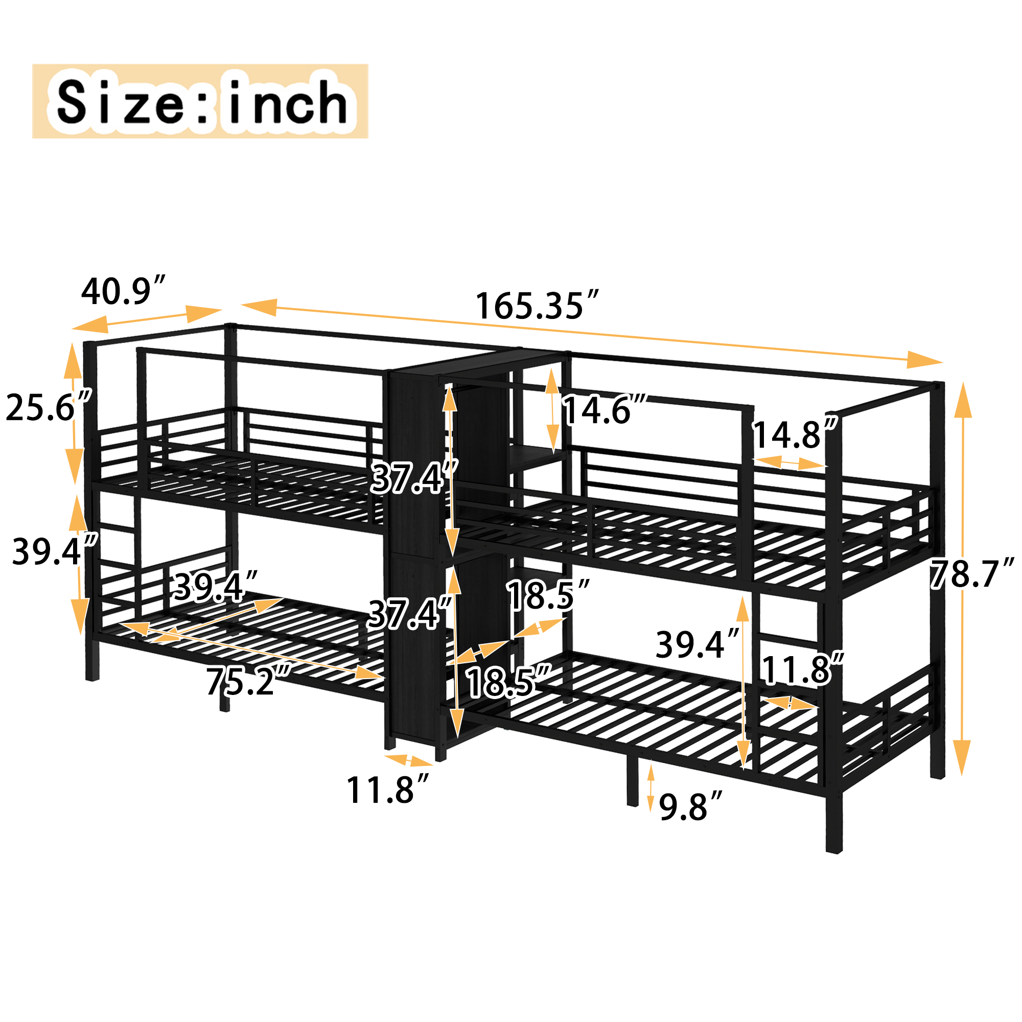 Twin Size Quadruple Metal Bunk Bed With Built-in Storage Shelves & Wardrobe 6 Twin Size Quadruple Metal Bunk Bed With Built-in Storage Shelves & Wardrobe