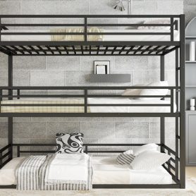 Metal Queen Over Queen Over Queen Bunk Bed With Safety Guardrails