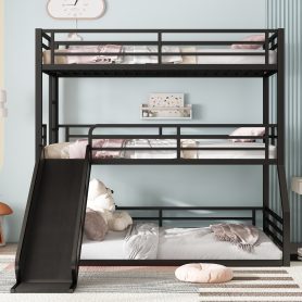 Metal Twin Over Twin Over Full Bunk Bed With Slide and Safety Guardrails