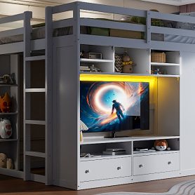 Full Size Loft Bed With Drawers, Shelves And Light