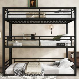 Metal Queen Over Full Xl Over Queen Bunk Bed With Safety Guardrails