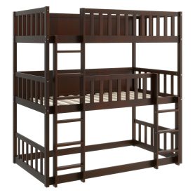Twin Size Triple Rubber Wood Bunk Bed, with Ladders and Guardrails