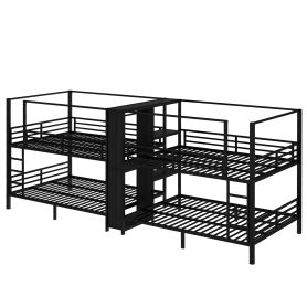 Queen Size Quadruple Metal Bunk Bed With Built-in Storage Shelves & Wardrobe