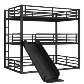 Metal Full Over Full Over Full Bunk Bed With Slide, and Safety Guardrails