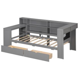 Wood Twin Size Platform Bed with Storage Shelves, Drawers, Charging Station, LED, Desk and Upholstered Headboard