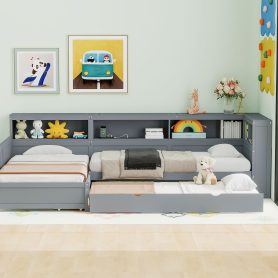 Wood Twin Size L-shaped Platform Bed with Trundle and a Drawer