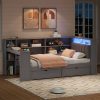 Wood Twin Size Platform Bed with Storage Shelves, Drawers, Charging Station, LED, Desk and Upholstered Headboard