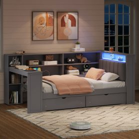 Wood Twin Size Platform Bed with Storage Shelves, Drawers, Charging Station, LED, Desk and Upholstered Headboard