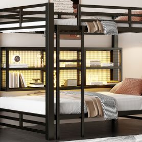 Metal Queen Over Queen Bunk Bed With Storage Cabinets And LED