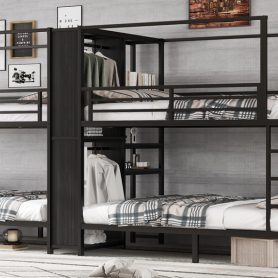 Full Size Quadruple Metal Bunk Bed With Built-in Storage Shelves & Wardrobe