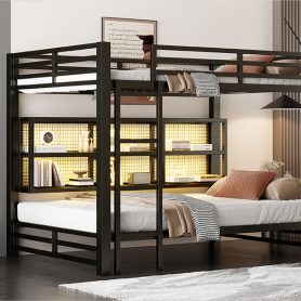 Metal Queen Over Queen Bunk Bed With Storage Cabinets And LED
