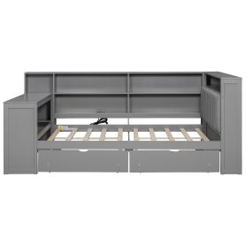 Wood Full Size Platform Bed with Storage Shelves, Drawers, Charging Station, LED, Desk and Upholstered Headboard