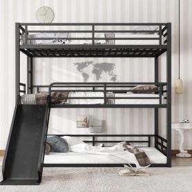 Metal Full Over Full Over Full Bunk Bed With Slide, and Safety Guardrails