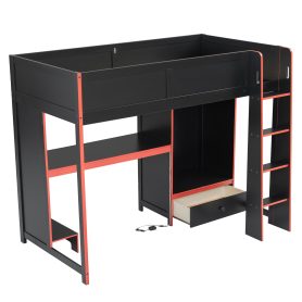 Wood Twin Size Gaming Loft Bed with Built-in Desk, Wardrobe, LED and a Drawer