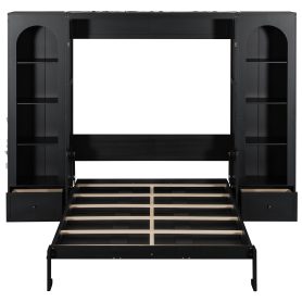 Queen Size Murphy Platform Bed with Shelf, Side Cabinets, Drawers and LED