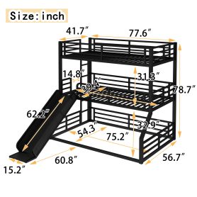Metal Twin Over Twin Over Full Bunk Bed With Slide and Safety Guardrails
