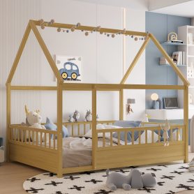 Full Size Wooden Floor Bed with House Roof Frame and Fence Guardrails