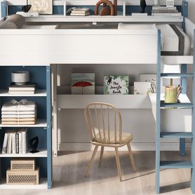 Full Size Wood Loft Bed With Built-in Storage Shelves, Clothes Rails And Desk