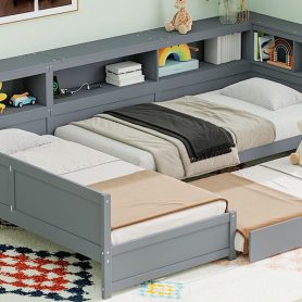 Wood Twin Size L-shaped Platform Bed with Trundle and a Drawer