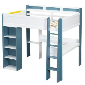 Full Size Wood Loft Bed With Built-in Storage Shelves, Clothes Rails And Desk