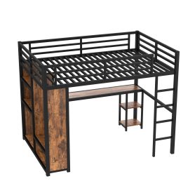 Metal Queen Size Loft Bed Frame with Built-in Wardrobe,  Desk and Storage Shelves