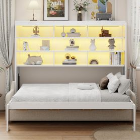 Queen Size Murphy Cabinet Bed with Folding Sofa,Built-in Storage Shelves and LED Light