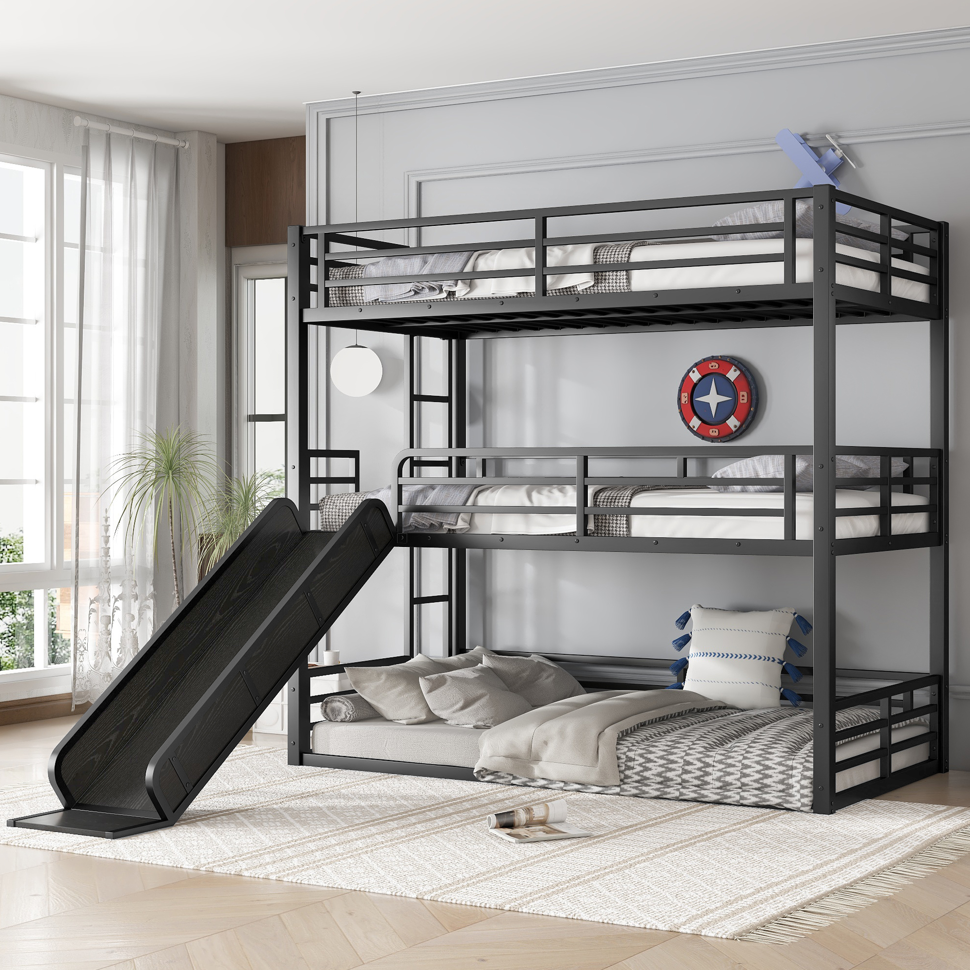 Metal Twin Xl Over Twin Xl Over Twin Xl Bunk Bed With Slide, and Safety Guardrails 5 Metal Twin Xl Over Twin Xl Over Twin Xl Bunk Bed With Slide, and Safety Guardrails