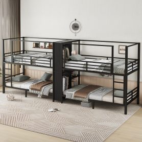 Twin Size Quadruple Metal Bunk Bed With Built-in Storage Shelves & Wardrobe 22 Twin Size Quadruple Metal Bunk Bed With Built-in Storage Shelves & Wardrobe