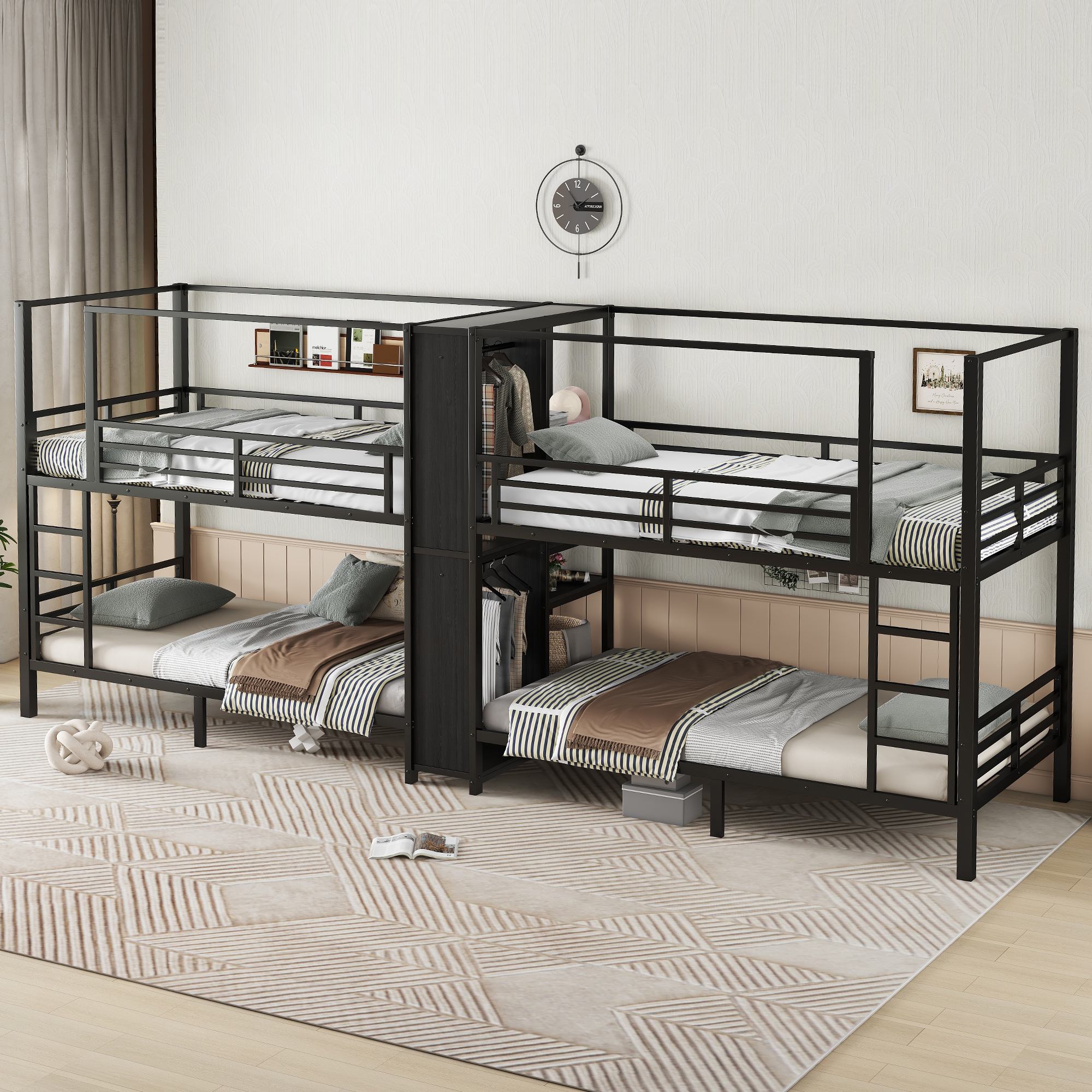 Twin Size Quadruple Metal Bunk Bed With Built-in Storage Shelves & Wardrobe 5 Twin Size Quadruple Metal Bunk Bed With Built-in Storage Shelves & Wardrobe