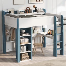 Full Size Wood Loft Bed With Built-in Storage Shelves, Clothes Rails And Desk