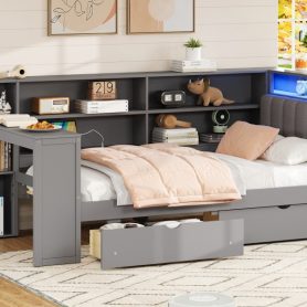 Wood Twin Size Platform Bed with Storage Shelves, Drawers, Charging Station, LED, Desk and Upholstered Headboard