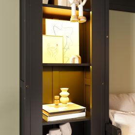 Queen Size Murphy Platform Bed with Shelf, Side Cabinets, Drawers and LED