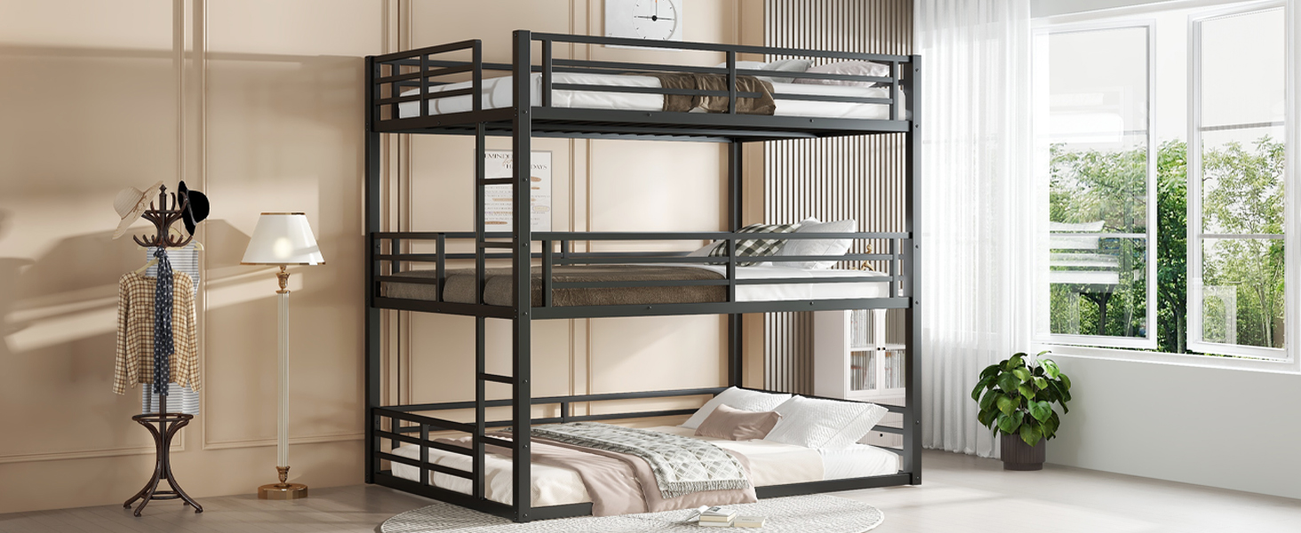 Metal Full Over Full Over Full Bunk Bed With Safety Guardrail 16 Metal Full Over Full Over Full Bunk Bed With Safety Guardrail