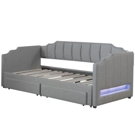 Twin XL Size Extendable Upholstered Daybed with Two Storage Drawers and LED Light