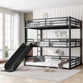 Metal Full Over Full Over Full Bunk Bed With Slide, and Safety Guardrails