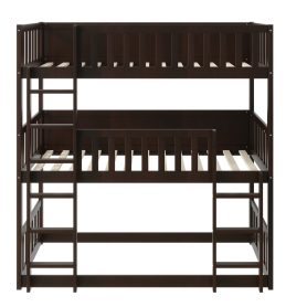 Twin Size Triple Rubber Wood Bunk Bed, with Ladders and Guardrails