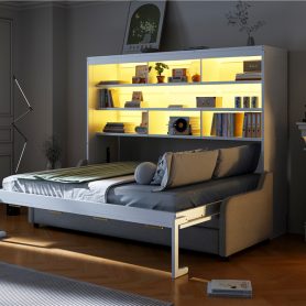 Full Size Murphy Cabinet Bed with Folding Sofa,Built-in Storage Shelves and LED Light 25 Full Size Murphy Cabinet Bed with Folding Sofa,Built-in Storage Shelves and LED Light