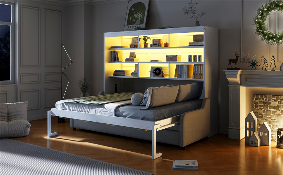 Full Size Murphy Cabinet Bed with Folding Sofa,Built-in Storage Shelves and LED Light 6 Full Size Murphy Cabinet Bed with Folding Sofa,Built-in Storage Shelves and LED Light