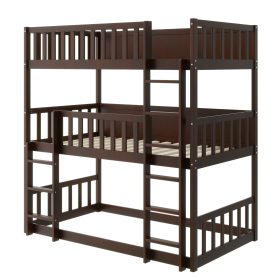 Twin Size Triple Rubber Wood Bunk Bed, with Ladders and Guardrails