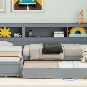 Wood Twin Size L-shaped Platform Bed with Trundle and a Drawer