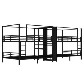 Queen Size Quadruple Metal Bunk Bed With Built-in Storage Shelves & Wardrobe