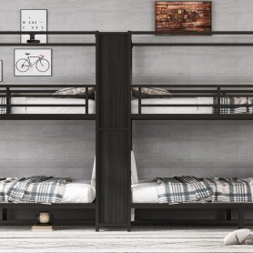 Full Size Quadruple Metal Bunk Bed With Built-in Storage Shelves & Wardrobe